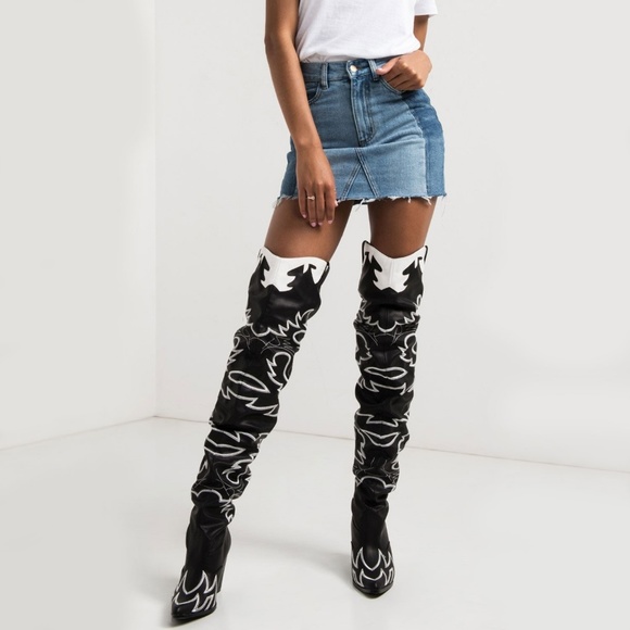 New Slouch Flame Embroidered Over The Knee Western Cowboy Cowgirl Boots Pull On - Picture 3 of 8